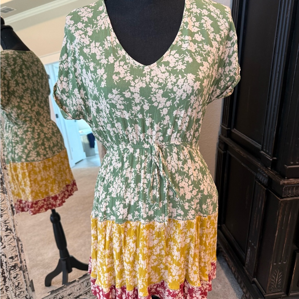 Floral V-Neck Dress with Green, Yellow, and Red Accents